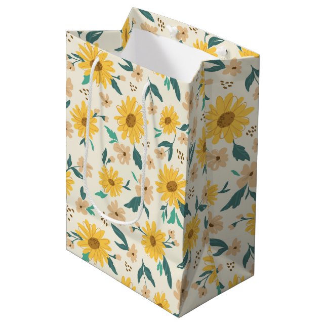 Yellow Daisy Flower Pattern Medium Gift Bag (Front Angled)