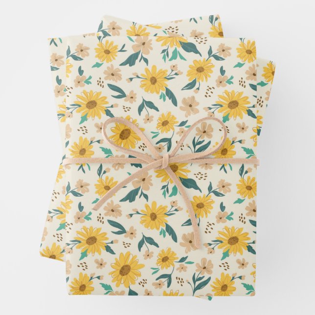 Yellow Daisy Flower Pattern Wrapping Paper Sheet (In situ)