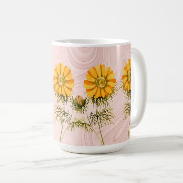 Yellow Daisy Flowers on Faux Pink Marble Coffee Mug (Front Right)