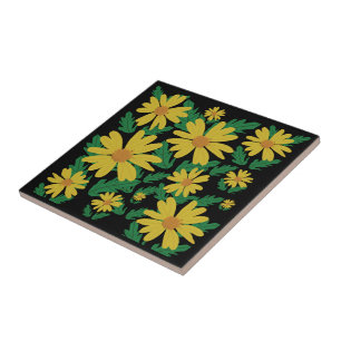 Yellow daisy flowers with green leaves  ceramic ti ceramic tile