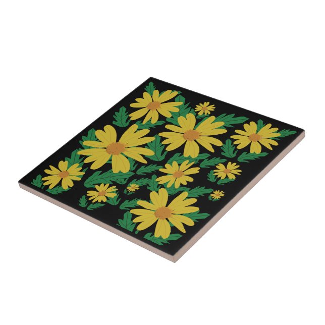 Yellow daisy flowers with green leaves  ceramic ti ceramic tile (Side)