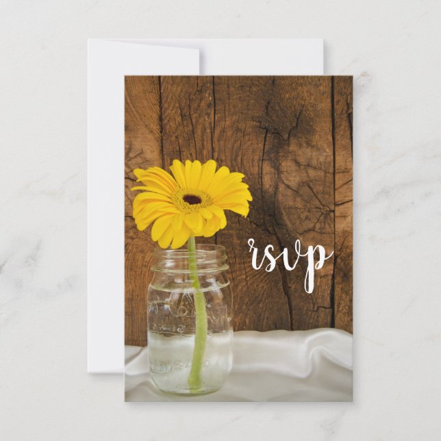 Yellow Daisy in Mason Jar Barn Wedding RSVP Card (Front)