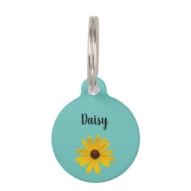 Yellow Daisy Kitty Cat Trendy Teal Pet Tag (Front)