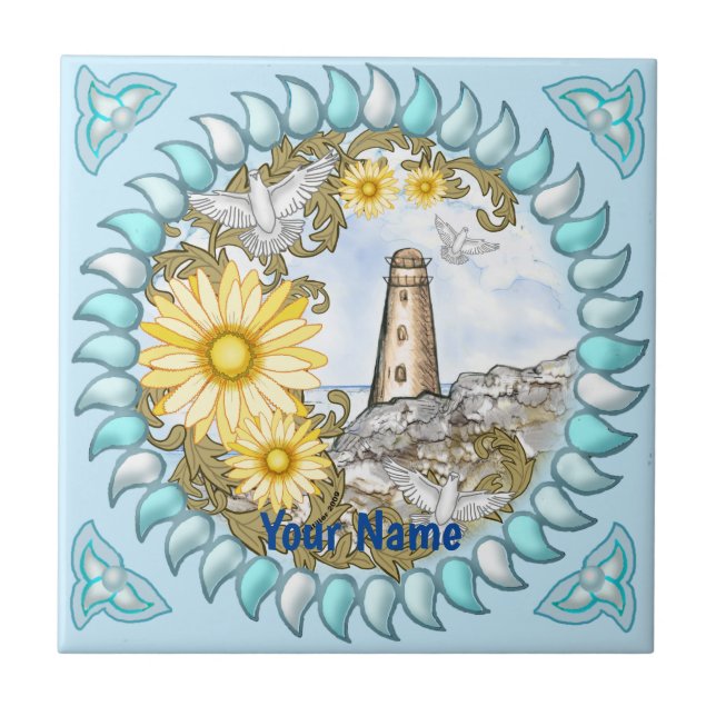 Yellow Daisy Lighthouse Ceramic Tile (Front)
