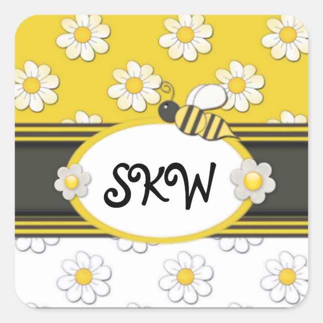 Yellow Daisy Monogram Square Sticker (Front)