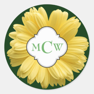 Yellow Daisy My Monogram Green Classic Round Sticker
