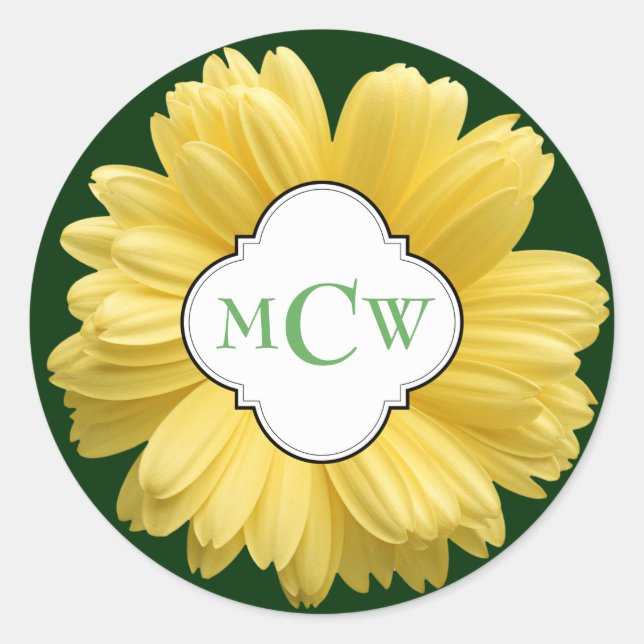 Yellow Daisy My Monogram Green Classic Round Sticker (Front)