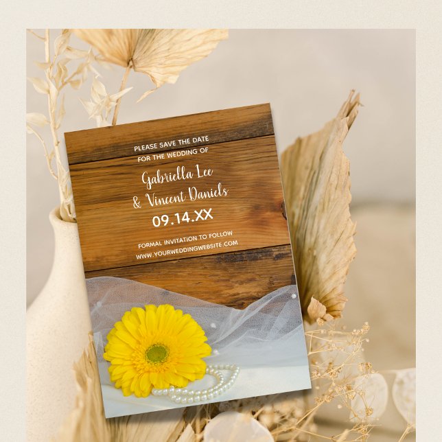 Yellow Daisy Pearls Barn Wedding Save the Date Invitation (Creator Uploaded)