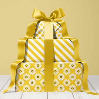 Yellow Daisy Striped and Polka Dot Wrapping Paper Sheet