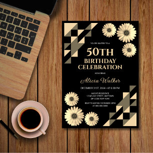 Yellow Daisy Triangle Geometric Black Birthday  Invitation