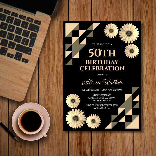 Yellow Daisy Triangle Geometric Black Birthday  Invitation (Creator Uploaded)
