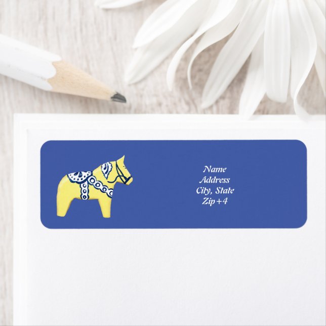 Yellow Dala Horse on Blue Return Address Label (Insitu)