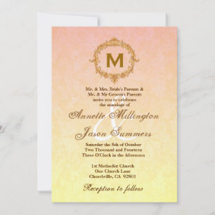 Yellow Damask Gold Vintage Frame Monogram Wedding Invitation