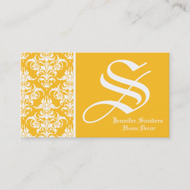Yellow Damask Modern Monogram Business Card (Front)