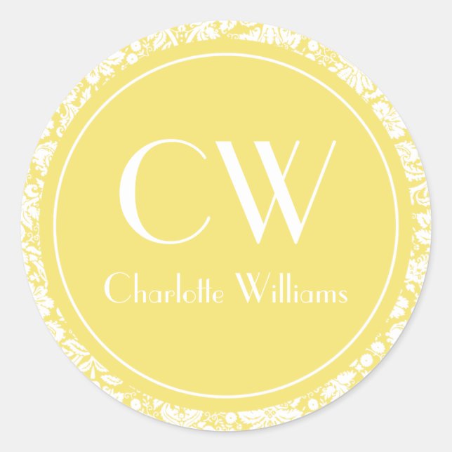 Yellow Damask Monogram Classic Round Sticker (Front)