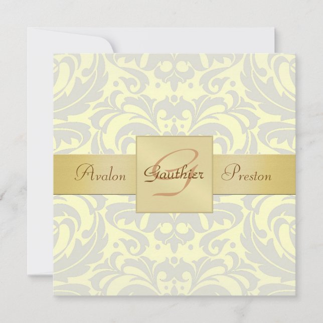 Yellow Damask Monogram Gold Ribbon Invitation (Front)