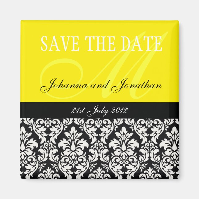 Yellow Damask Monogram Save The Date Magnets (Front)
