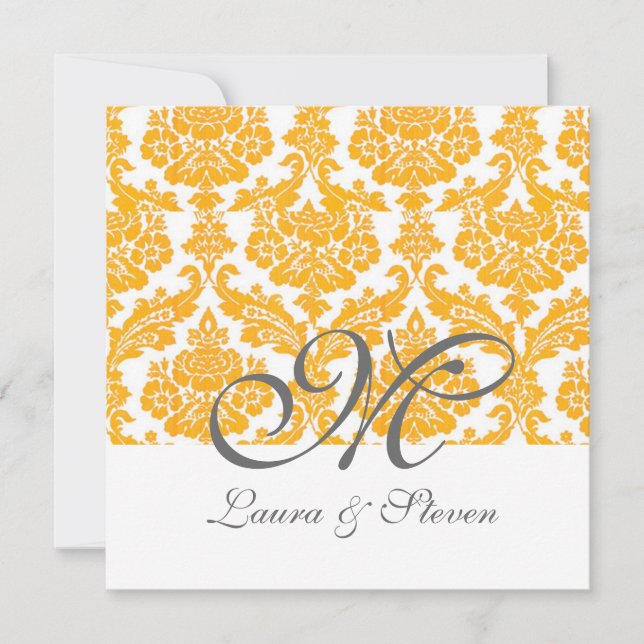 yellow damask monogram wedding invitation (Front)