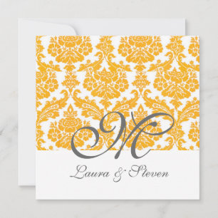 yellow damask monogram wedding invitation