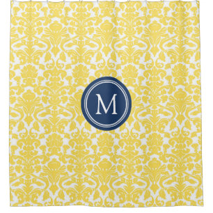 Yellow Damask Navy Monogram Shower Curtain