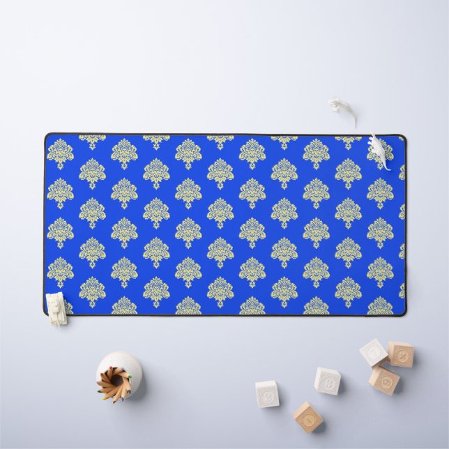 Yellow damask pattern on blue desk mat (Kids Table)