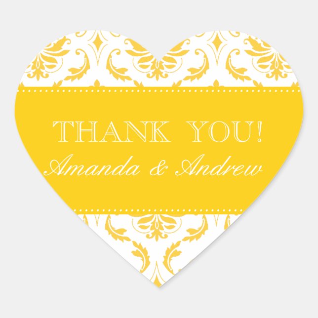Yellow Damask Personalised Wedding Thank You Heart Sticker (Front)