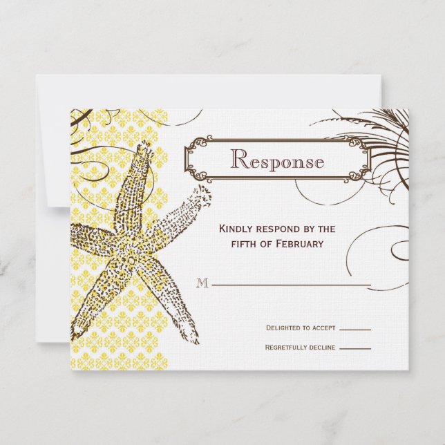 Yellow Damask Tropical Wedding Response Card (Front)