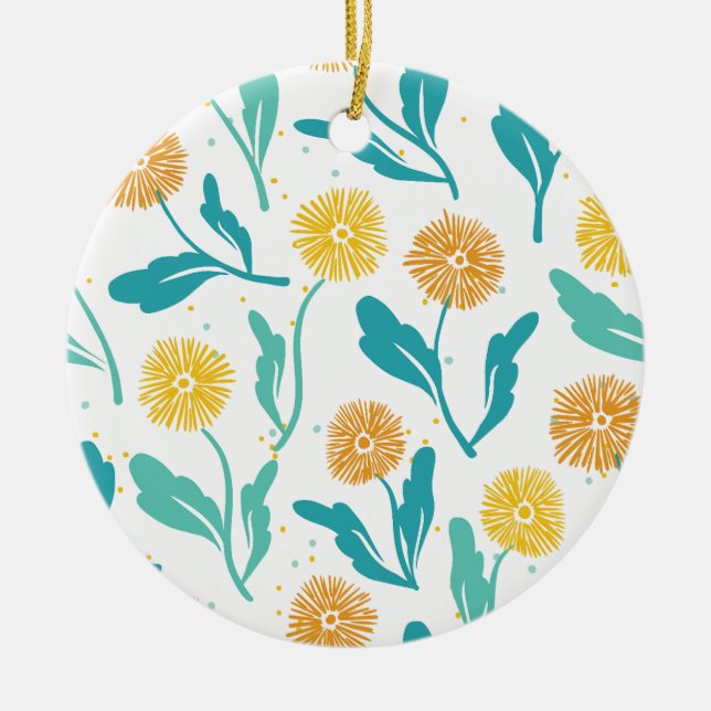 Yellow Dandelion Floral Pattern - Nature-Inspired  Ceramic Ornament (Front)