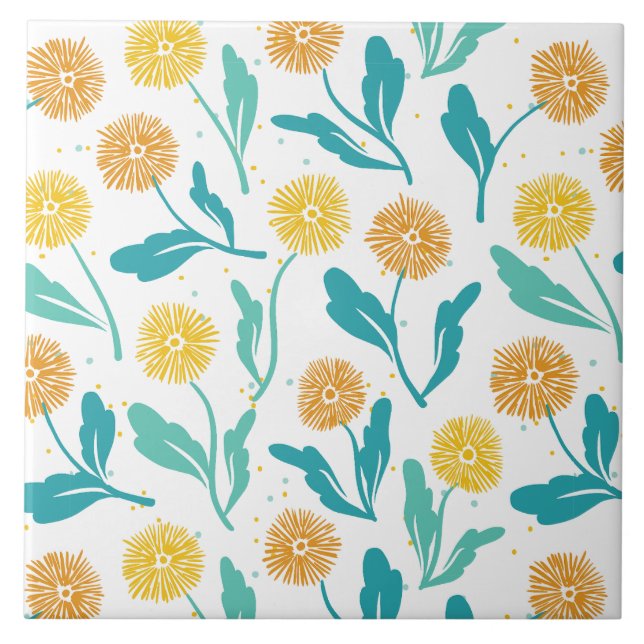 Yellow Dandelion Floral Pattern - Nature-Inspired  Ceramic Tile (Front)