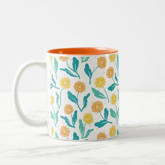 Yellow Dandelion Floral Pattern - Nature-Inspired  Two-Tone Coffee Mug (Left)