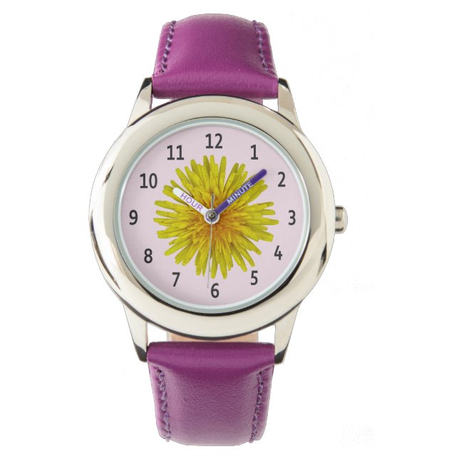 Yellow Dandelion Flower Black Digits on any Colour Watch (Front)