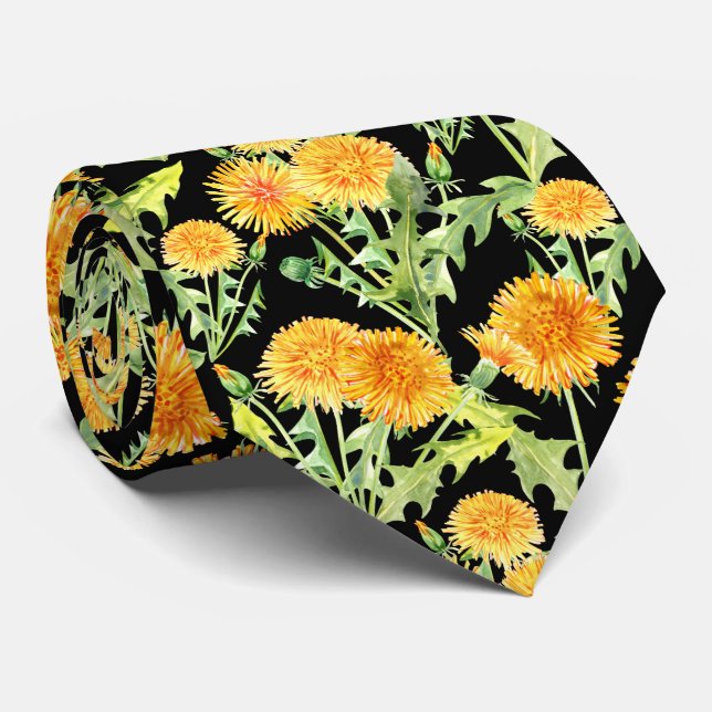 Yellow Dandelion Flowers on Black Tie (Rolled)
