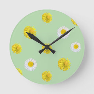 Yellow Dandelion & White Daisy Green Wall Clock