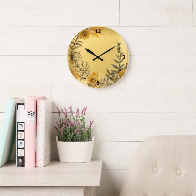 Yellow Dandelions Ferns Greenery Country Large Clock (Reading Room)