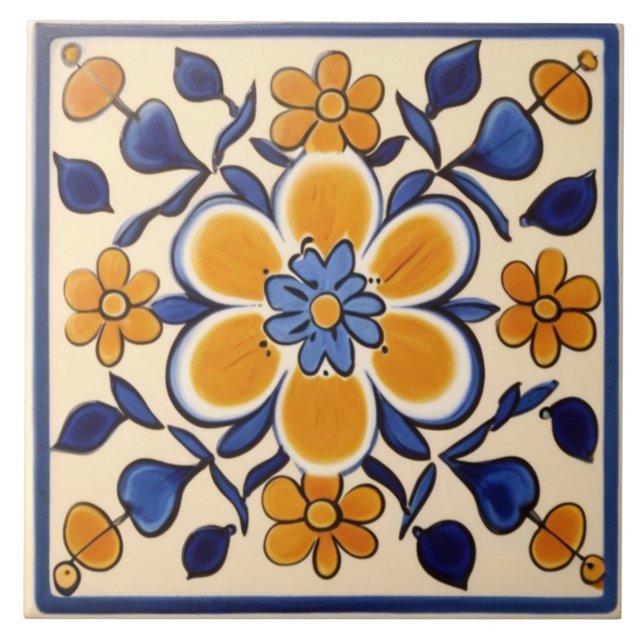 Yellow & Dark Blue Floral Flowers Mediterranean Ceramic Tile (Front)