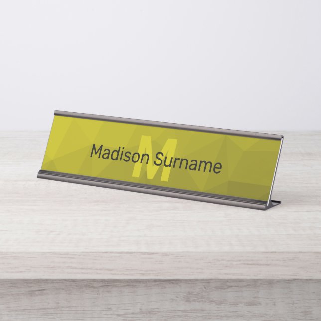 Yellow dark ombre geometric mesh pattern Monogram Desk Name Plate (Front)