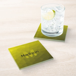Yellow dark ombre geometric mesh pattern Monogram Glass Coaster