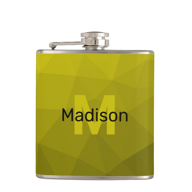 Yellow dark ombre geometric mesh pattern Monogram Hip Flask (Front)