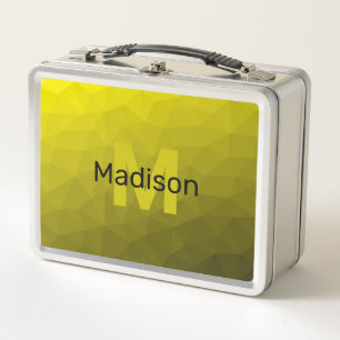 Yellow dark ombre geometric mesh pattern Monogram Metal Lunch Box
