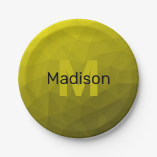 Yellow dark ombre geometric mesh pattern Monogram Paper Plate