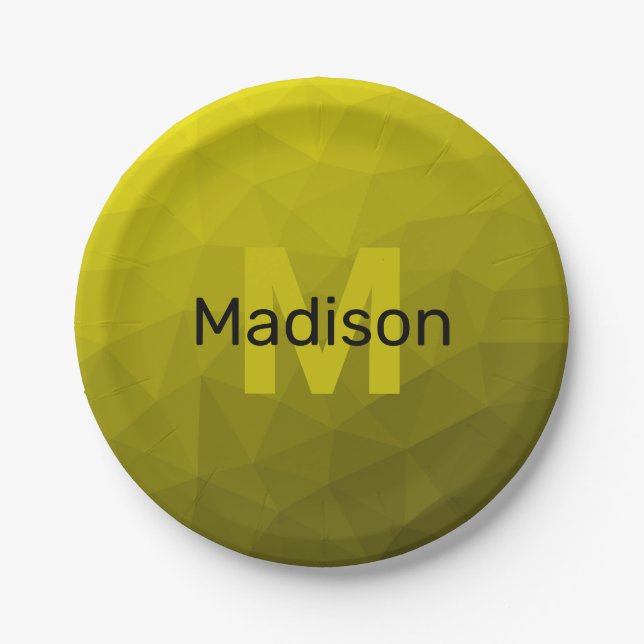 Yellow dark ombre geometric mesh pattern Monogram Paper Plate (Front)