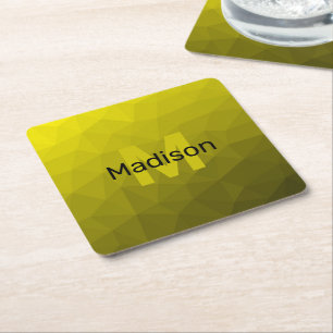 Yellow dark ombre geometric mesh pattern Monogram Square Paper Coaster