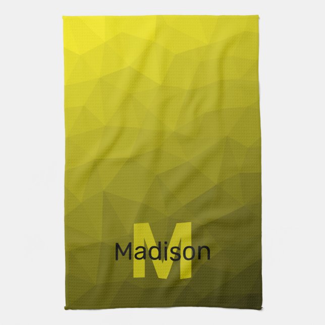 Yellow dark ombre geometric mesh pattern Monogram Tea Towel (Vertical)