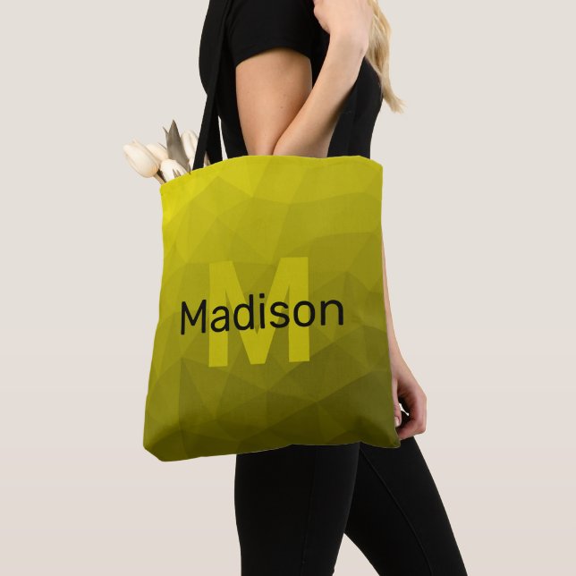 Yellow dark ombre geometric mesh pattern Monogram Tote Bag (Close Up)
