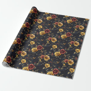 Yellow & Dark Pink Flowers on Navy Blue Wrapping Paper