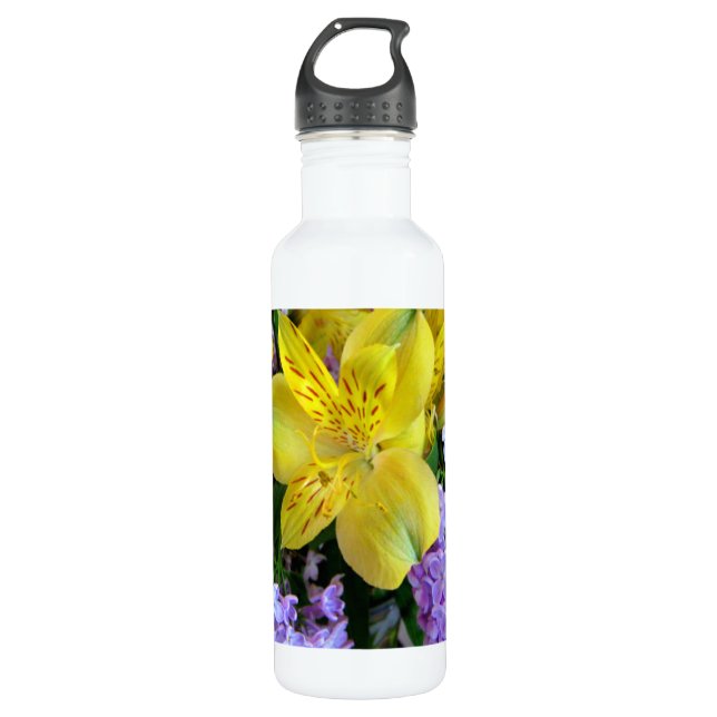Yellow Daylilies & Purple Lilac Flowers 710 Ml Water Bottle (Front)