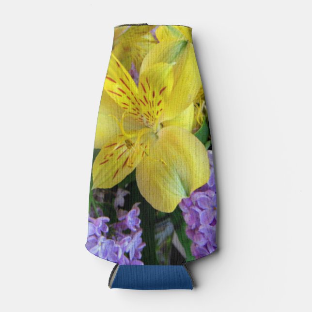 Yellow Daylilies & Purple Lilac Flowers Bottle Cooler (Front)