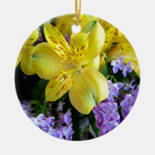 Yellow Daylilies & Purple Lilac Flowers Ceramic Ornament