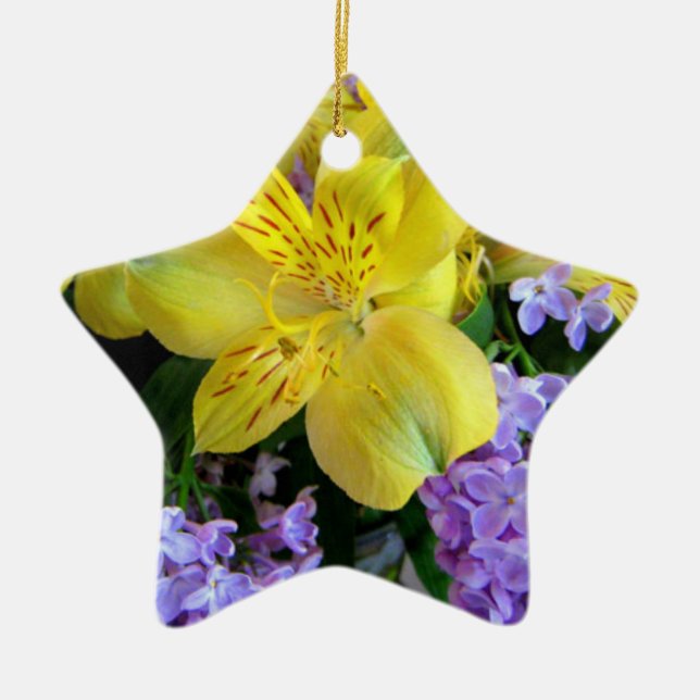 Yellow Daylilies & Purple Lilac Flowers Ceramic Ornament (Front)