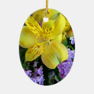 Yellow Daylilies & Purple Lilac Flowers Ceramic Tree Decoration